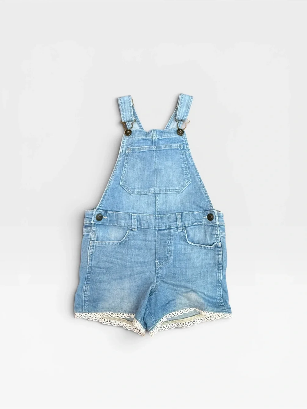 OshKosh B'gosh Light Blue Denim Short Overalls with Lace Trim